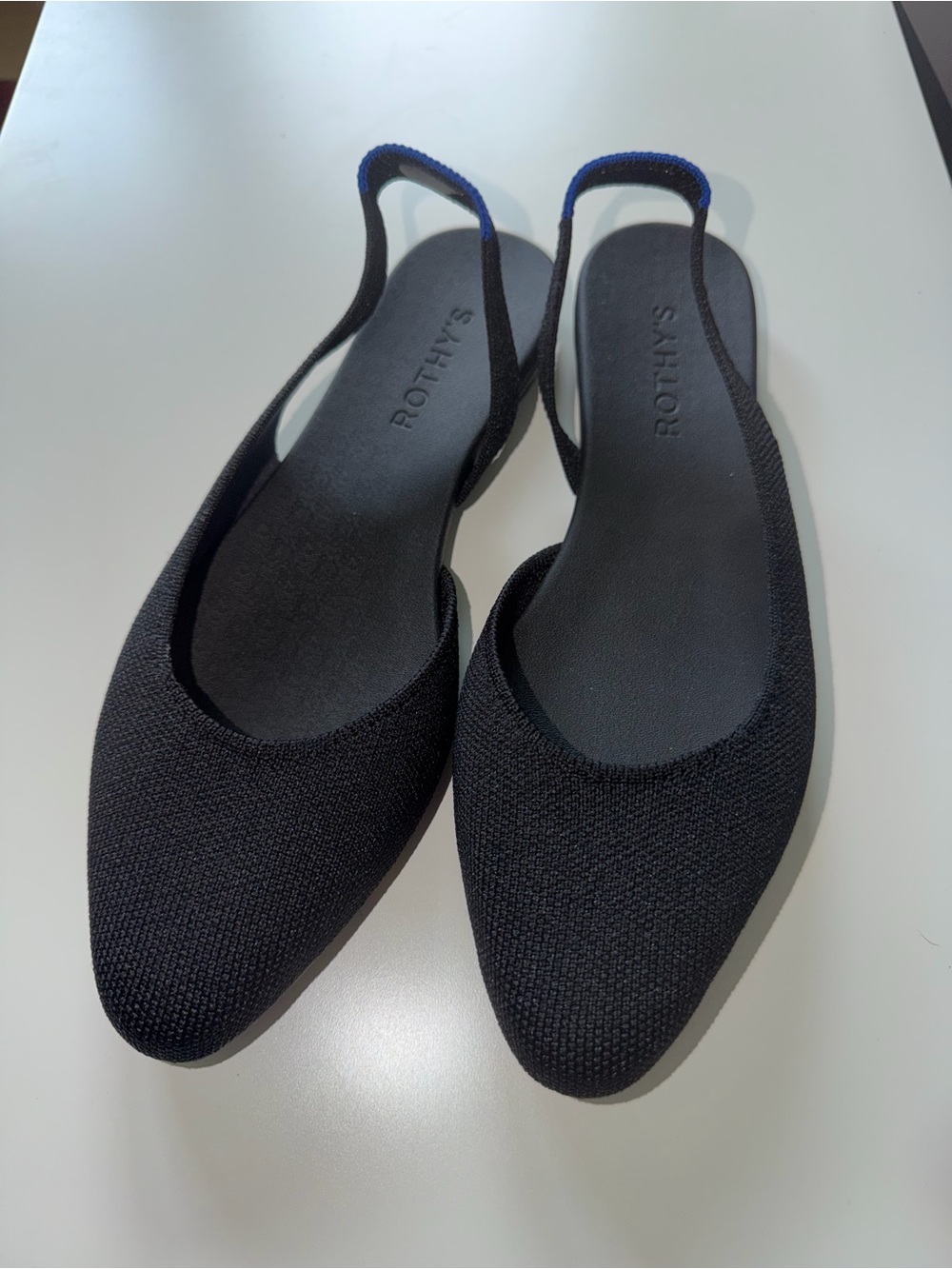 Rothy's Black Knit Pointed Slingback Flats with Blue Accent